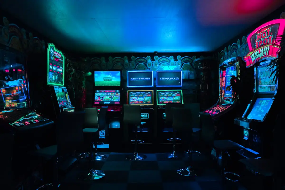 Rows of illuminated casino machines