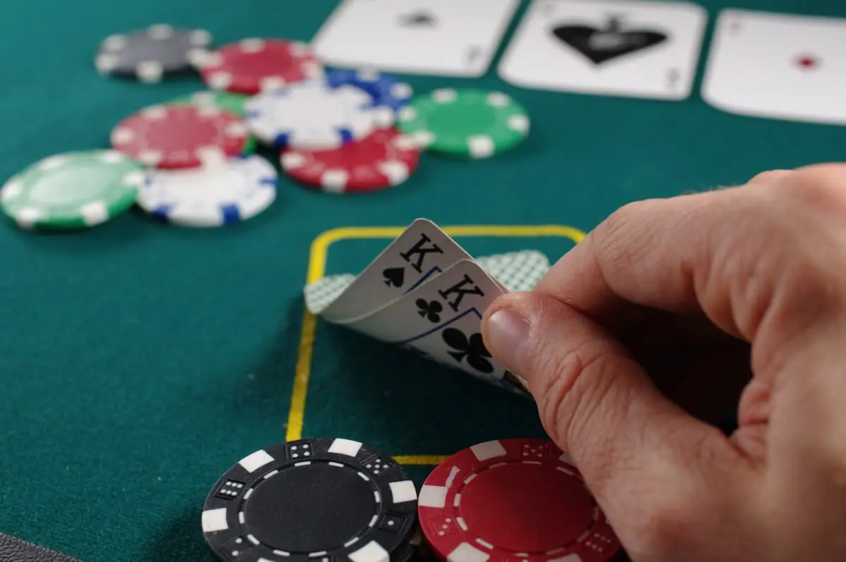 Cards and chips at a casino table